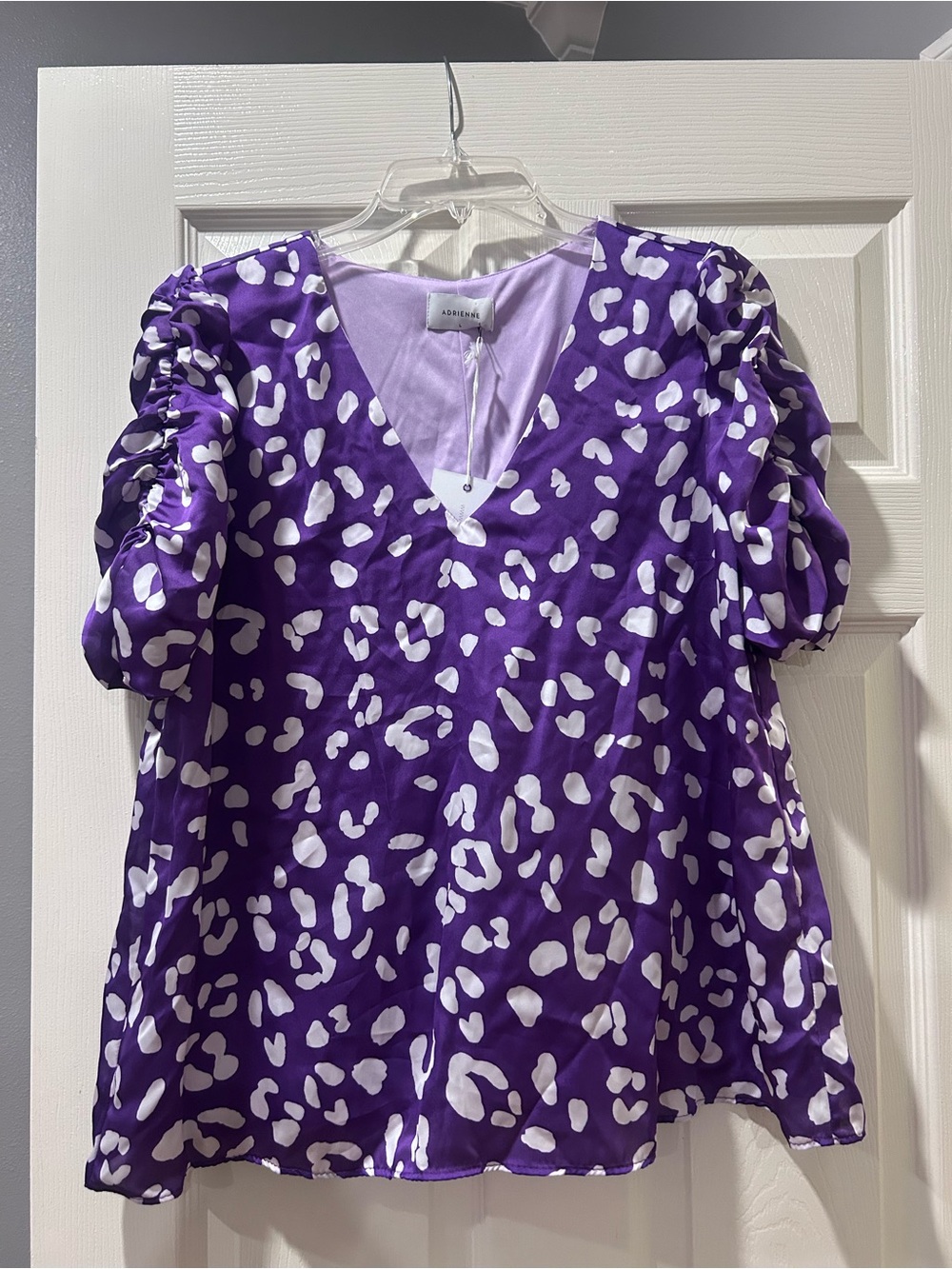 Adrienne Purple & White Leopard Print V-Neck Top